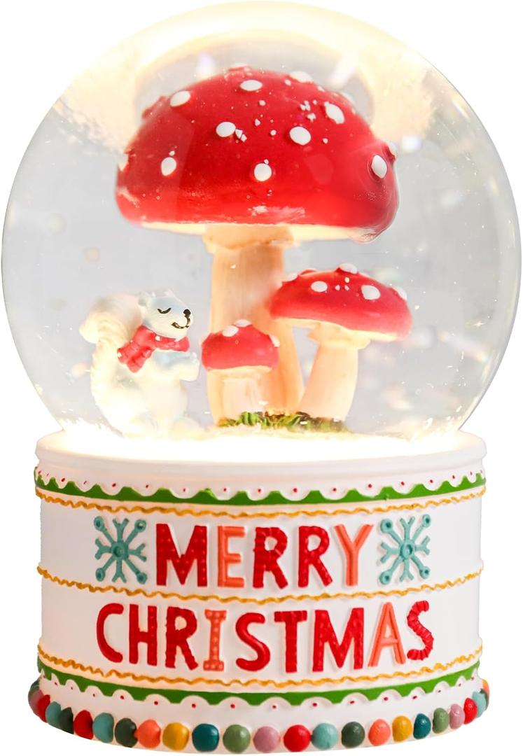 Christmas Snow Globe Musical Mushroom Squirrel Water Snow Globes with 7 Colors Change LED Light Music Box Home Christmas Decor for Kids White Snow Globes