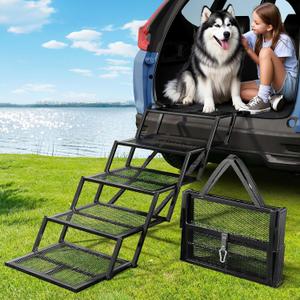 Dog Stairs for Large Dogs, Adjustable Extra Wide Steps for Dogs with Non-Slip Surface and Reflective Strips, Portable Folding Dog Steps for Car, Truck and SUV, Supports Up to 400LBS, 5 Steps