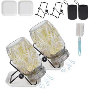 2Pack Sprouting Kit,1000ml Sprouting Jar with Mesh Lids and Stands, Microgreens Sprouts Growing Kit, Broccoli Sprouts Seeds Sprouting Jars with Screen Lids,Blackout Sleeves, Tray