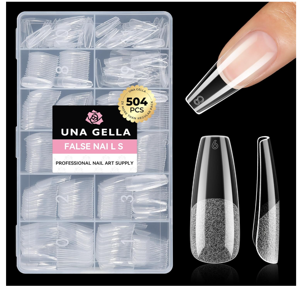 UNA GELLA Long Coffin Nail Tips, 504pcs PreShape Fake Nails Half Matte Full Cover Acrylic Gel Nail Tips Clear Long Coffin Press On Nails Home DIY Extension 12 Sizes Gelly Tips