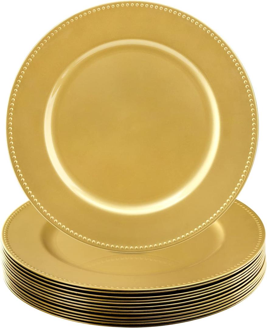 Okllen 12 Pack Plastic Gold Charger Plates, 13" Round Beaded Decorative Dinner Chargers for Wedding, Catering Event, Tabletop Decor