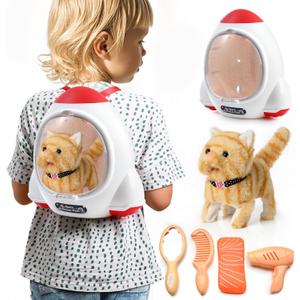 WorWoder Electronic Interactive Plush Cat- Battery Operated Mechanical Walking Little Pet Kitten with a Cute Bag, Meow Tail Wagging, Stretching Companion Animal for Toddlers & Kids