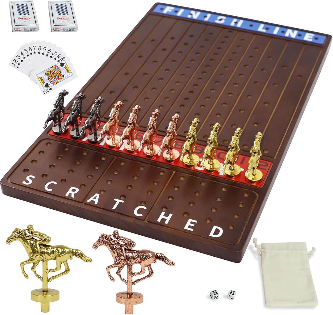 Jyquorp Metal Horse Race Board Game Racing Game Thickened Solid Wood with 11 Luxurious Durable Classic Metal Horses with 2 Dice and 2 Boxes of Cards Horse Racing Game (Walnut, Rectangle)