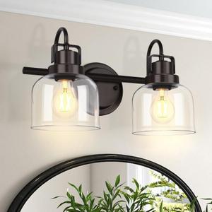 Bathroom Light fixtures, 2 Light Bronze Bathroom Vanity Light, Modern Vanity Light Fixtures with Metal Base and Clear Glass Shade, Wall Sconces Lighting for Bath room, Mirror, Living Room, Hallway