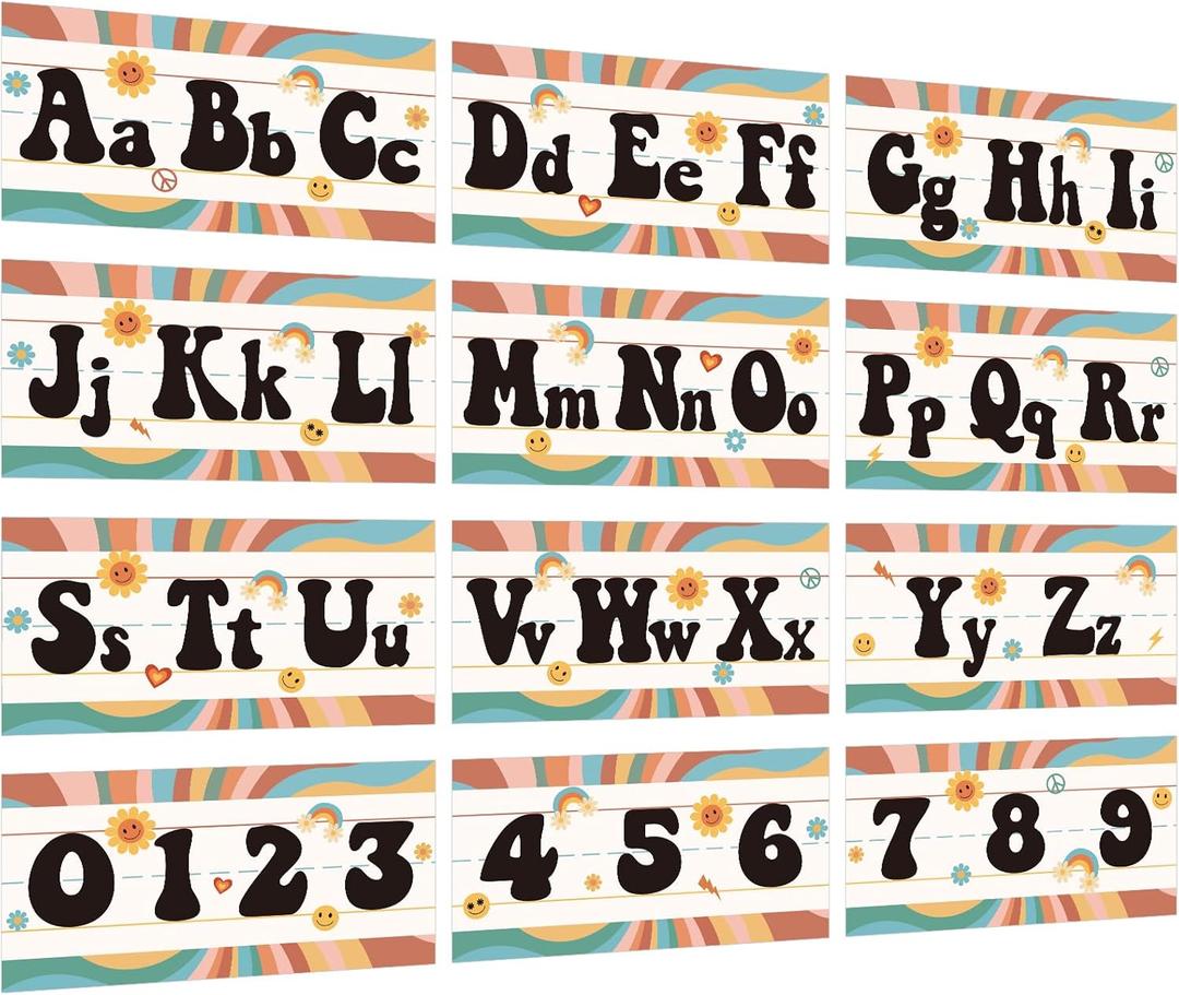 2 x 12Pcs Retro Classroom Alphabet Number Bulletin Board Set, Groovy ABC Alphabet Card and 0-9 Number Posters Decor with Glue Point for Preschool Kindergarten Classroom and Teachers Wall Decorations