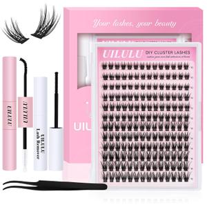 UILULU Lash Clusters Kit 168 Individual Clusters False Eyelashes, DIY Cluster Eye Lash Extensions Kit with Bond & Seal, Remover, Tweezers, Fake Eyelash D Curl-0.07-10-16MM(U24 Lash Kit)