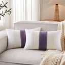 Soft Cotton Boho Lumbar Throw Pillow Covers Set of 2, Natural White/Contrast Purple 12x20 Inch, Purple Farmhouse Decorative Cushion Covers for Sofa Bed Living Room Home Decor