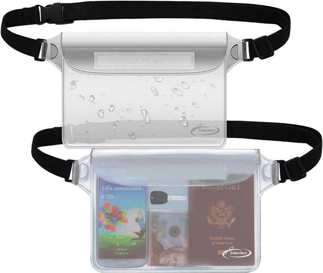 AiRunTech Waterproof Pouch with Waist Strap (2 Pack) | Beach Accessories Best Way to Keep Your Phone and Valuables Safe and Dry | Perfect for Boating Swimming Snorkeling Kayaking Beach Pool Water Park (Clear + Clear)