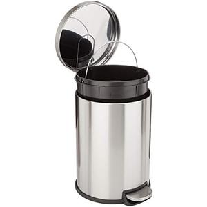 Amazon Basics Round Cylindrical Home Office Trash Can With Soft-Close Foot Pedal, 20 l /5.3 gallon, Brushed Stainless Steel