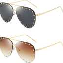 Dollger Studded Sunglasses for Women Fashion Studded Aviator Sunglasses Metal Frame UV 400 (A8:2 Packs-grey+gradient Tea Lens)