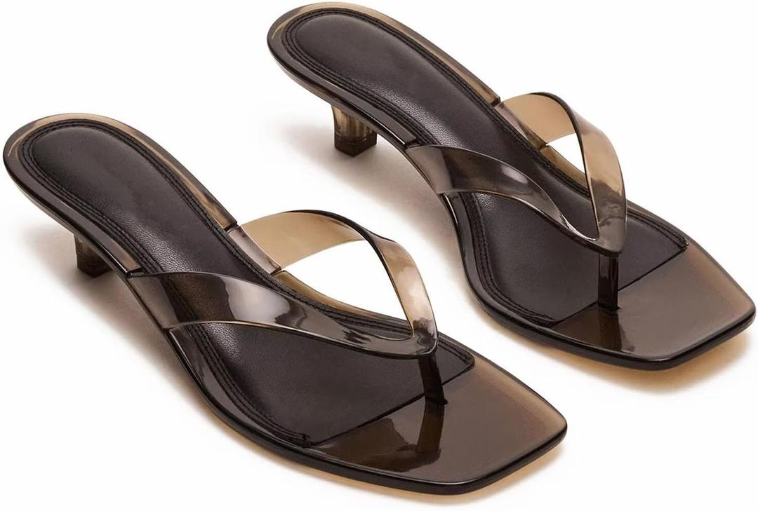 Agodor Jelly Thong Black Heeled Sandals for Women, Clear Flip Flop Low Kitten Heels Mules for Women Comfortable Square Open Toe Summer Casual Beach Slide Shoes US7.5