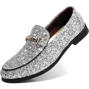 COSIDRAM Men's Glitter Dress Shoes Metallic Sequins Tuxedo Luxury Gold Buckle Loafers Slip-on Wedding Party Shoes Silver, Size: 11