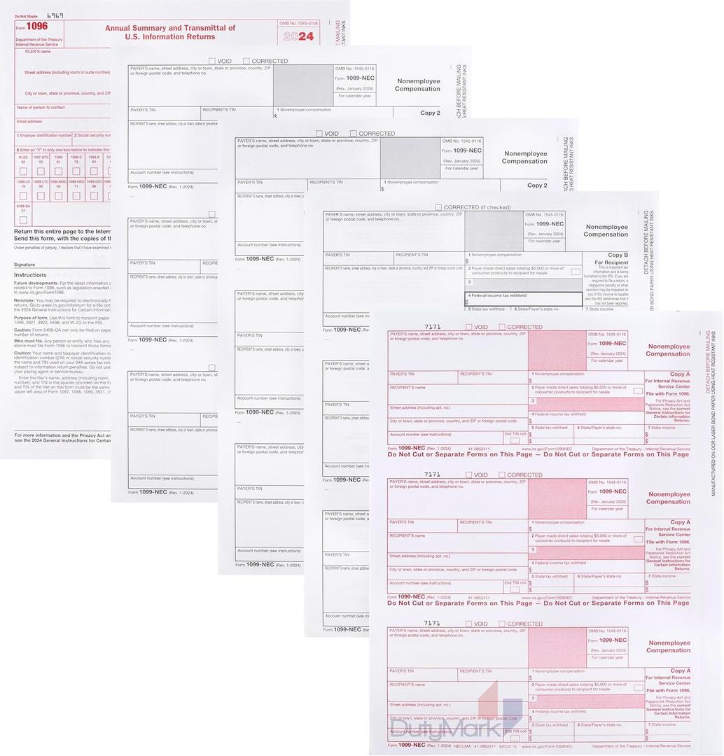 1099 1099 NEC Forms 2024, 4 Part 25 Vendor Kit of Laser Forms, Compatible with QuickBooks and Accounting, 25 Pack, Software and Envelopes NOT Included, Made in The USA (1099 NEC 4 Part No Envelopes)
