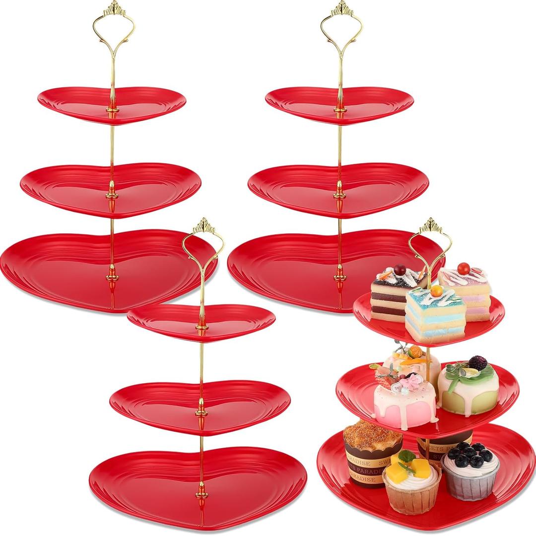 Layhit 4 Pack Valentines Day 3 Tier Cupcake Stand Heart Shaped Serving Trays for Party Plastic Dessert Cupcake Stand for Tea Party Baby Shower Wedding(Red)