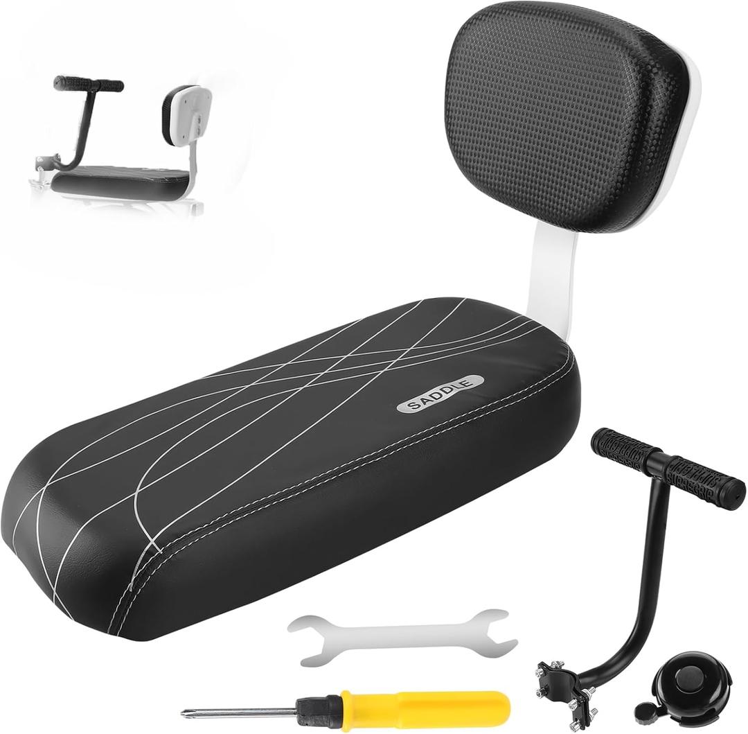 Kids Bike Seat with Backrest, Child Bicycle Rear Seat Cushion with Safety Armrest, PU Leather Soft Padded Passenger Saddle for E-Bike Mountain Bike, Fits Kids Over 5 Years Old