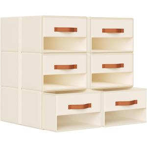 DIMJ Closet Organizers and Storage - Pull-out Fabric Bins with Drawers for Closet Foldable Clothes Organizers with Clear Window, Stackable Storage Drawers for Bedroom,Living Room,Shelf,6-Pack, Beige