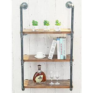 Industrial Wall Mounted Iron Floating Pipe Wood Shelves/Shelving/Racks/Storage/Bookcases/Brackets, DIY Open Bookshelves/Shelving for Kitchen/Office, Retro Black, Brown