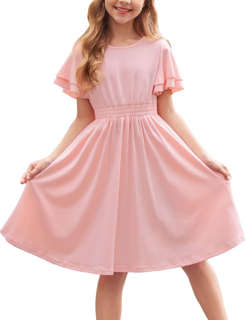 Arshiner Girl's Casual Dress Summer Scoop Neck Short Sleeve Flowy Print and Plain Sundress for Kids 4-14Y (11-12 Years, 0-pink)