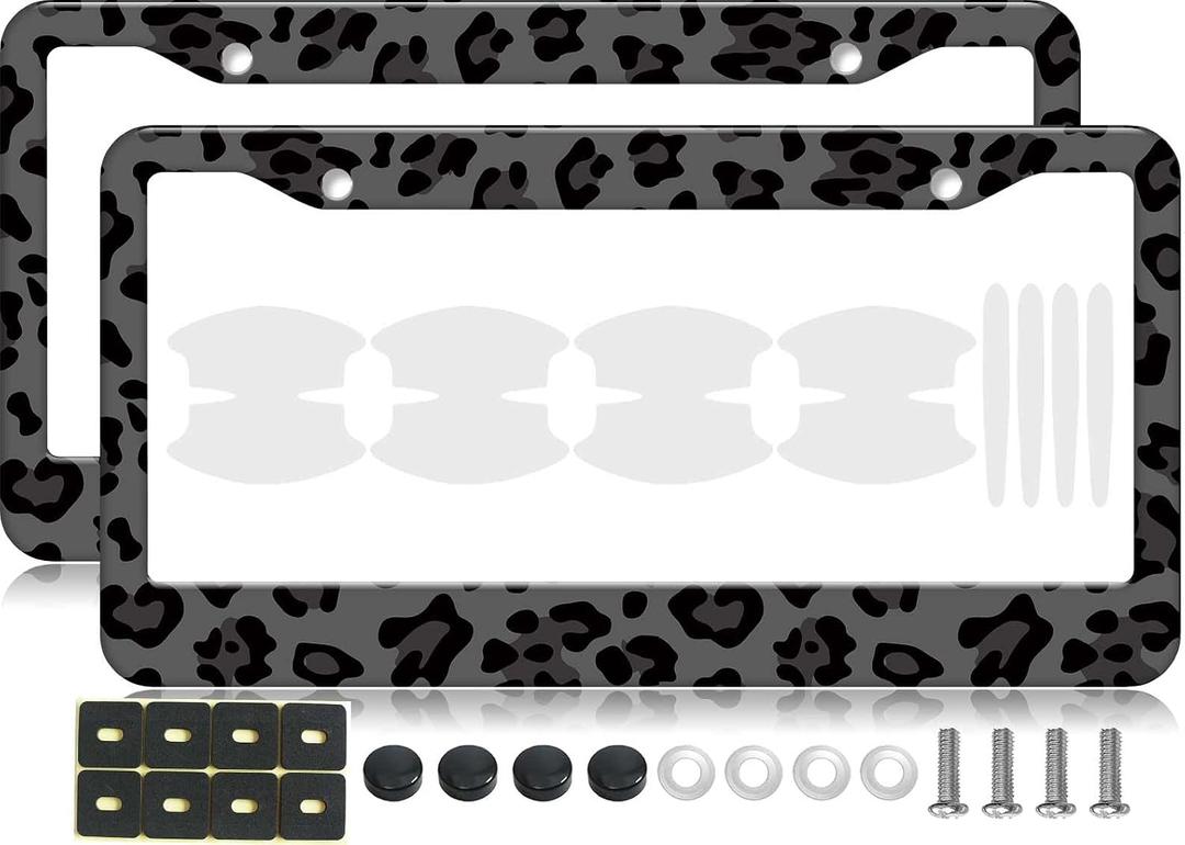 Black Leopard Pattern Metal License Plate Frames with Car Door Handle Films - 2PCS Cheetah Print Universal Plate Holders for Men & Women