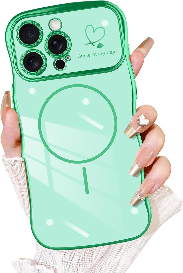 Fiyart Designed for iPhone 16 Pro Max Case, Cute Wave Frame Curly Shape Love Hearts Plating for Women Girls Camera Protection Compatible with MagSafe Magnetic Shockproof Bumper 6.9"-Green