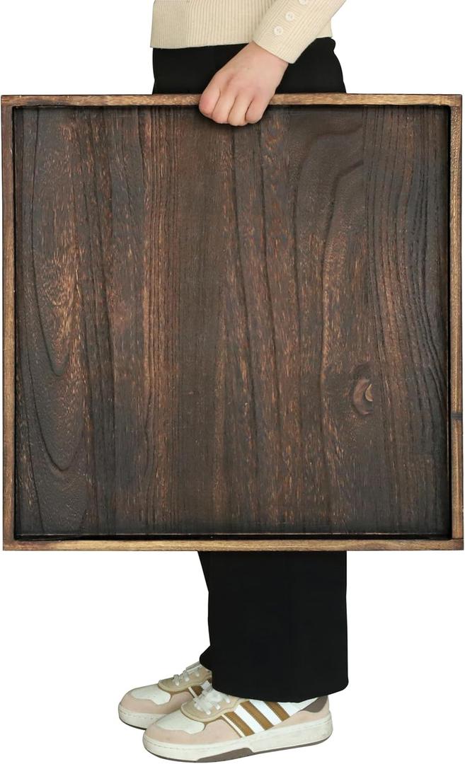 Gurfuy Rustic Wooden Serving Tray 24" Square - Extra Large Square Ottoman Table Tray for Farmhouse Decorative Oversized Coffee Table Trays Living Room Kitchen Counter Breakfast 24" x 24" x 1.6", Brown