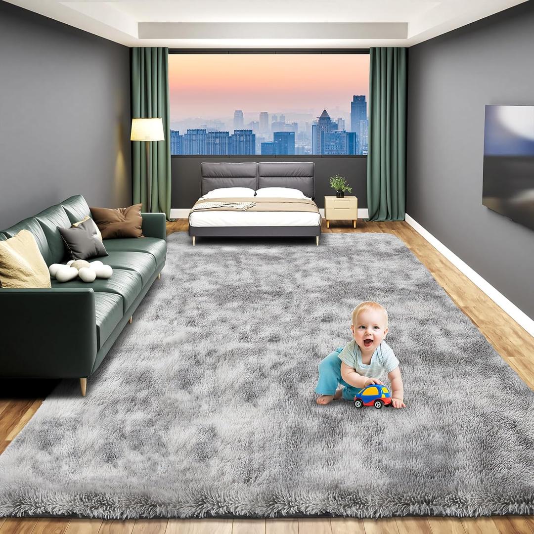 Fluffy Soft Area Rugs for Bedroom, 4X6 Indoor Modern Area Rugs Fluffy Living Room Carpets for Kids Bedroom Home Decor Nursery Rug, High Pile Soft Throw Rug, Anti-Skid, Tie-Dyed Light Grey (6' x 4' (Rectangular))