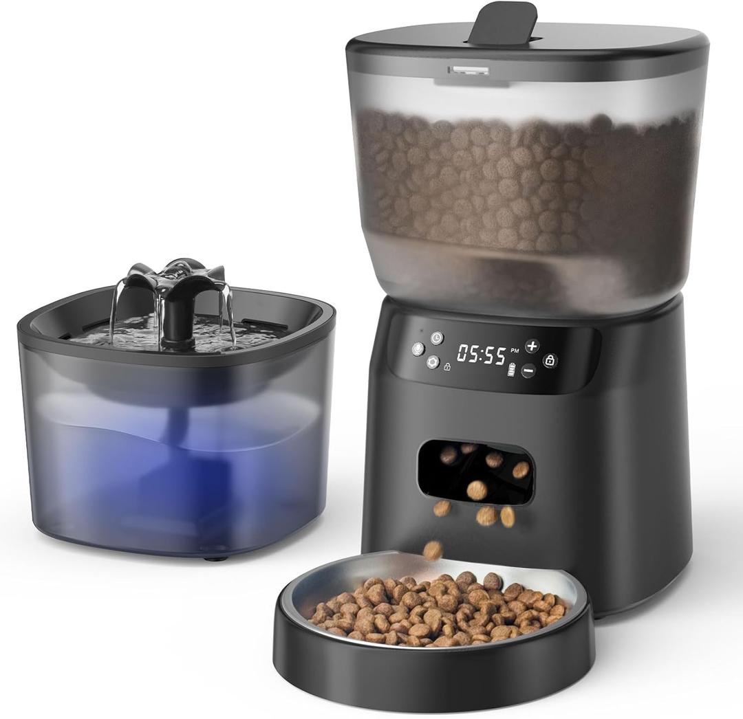 Automatic Cat Feeder and Water Fountain, 4L/16 Cups Timed Cat Dry Food Dispenser, 10s Meal Call, 20 Portions 6 Meals Per Day, 2L Cats Fountains for Drinking with Filter, Pet Feeder for Dog Black
