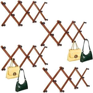 4 Pcs Expandable Hat Rack Coat Rack Wooden Accordion Wall Hanger Wall Mount Hat Holder for Hanging Coffee Mug Cup Jackets Purses Necklaces Towels Leash Belt Umbrella (11 Hooks, Carbonization)