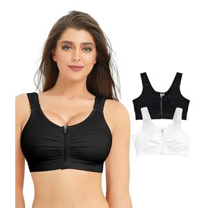 BRABIC Zip Front Closure Everyday Bra for Women Post Surgery Compression Support with Adjustable Straps Wirefree (Medium, Black + White Two Pack)
