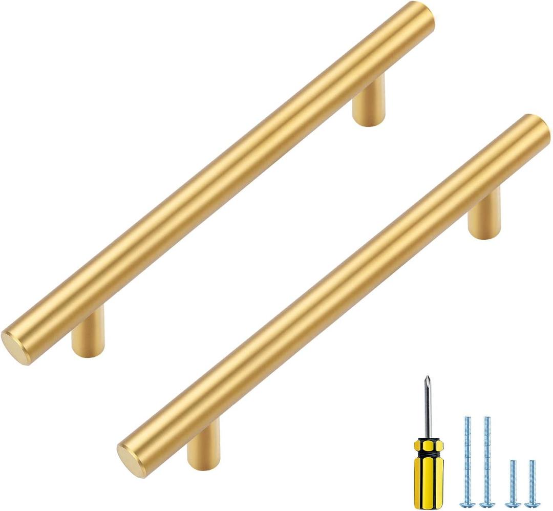 Ravinte 5 Pack 4 inch Hole Center Gold Cabinet Handles Kitchen Cabinet Handles Brushed Brass Cabinet Pulls 6-3/8" Overall Length