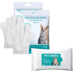 Disposable pet Cleaning Gloves Wet Wipes, Suitable for Daily Cleaning and Travel use. Two Packs of unscented Glove Wet Wipes (Green Packaging, 12 Pieces Each) + 1 Pack of Wet Wipes