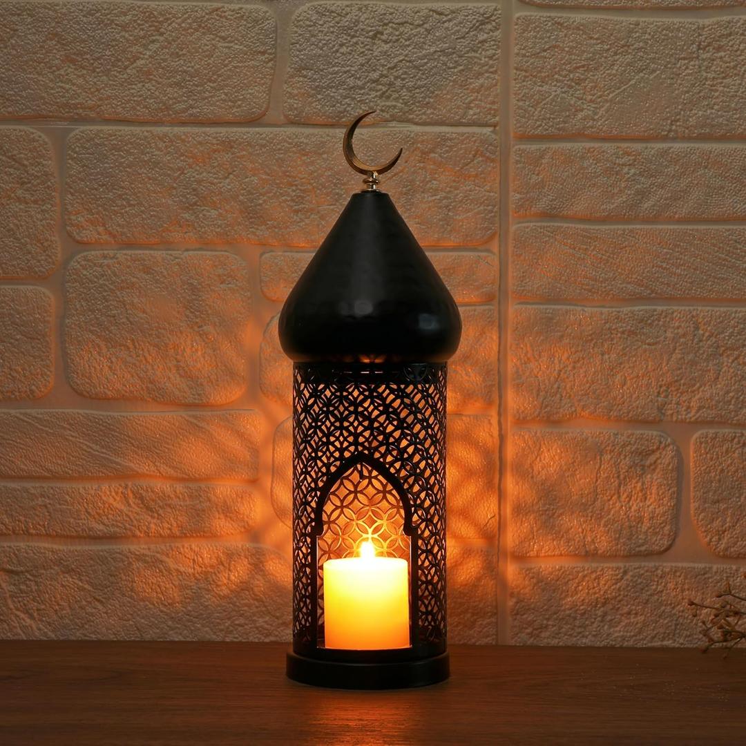 13.6inch Moroccan Lantern Lamp Decorative Candle Holders for Ramadan Decorations, Hanging, Outdoor Patio or Porch, Indoor Home DecorBlack