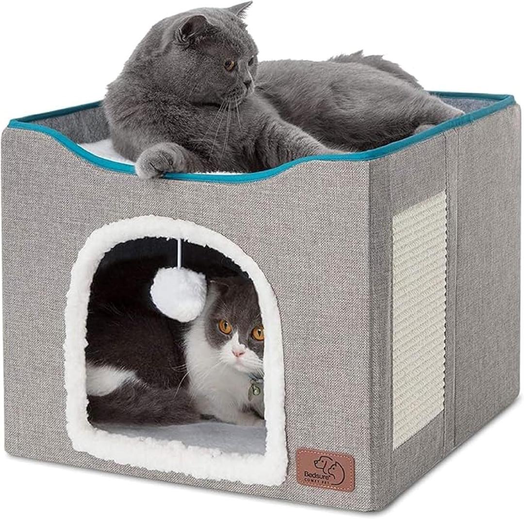 Bedsure Cat Beds for Indoor Cats - Large Cat Cave for Pet Cat House with Fluffy Ball Hanging and Scratch Pad, Foldable Cat Hideaway,16.5"x16.5"x13", Grey (Single, Grey)