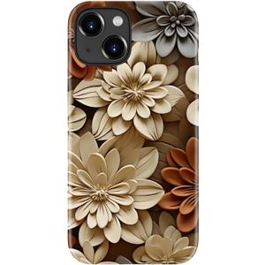 for iPhone 15 Case - Wireless Charging Compatible - Dual-Layer Hard Shell + Silicone Cover - Shockproof Protective Phone Case with Stylish Designs for Women - Red Beige Flower
