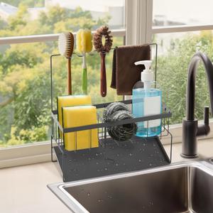 Sponge Holder for Kitchen Sink with High Brush Holder, Sponge Caddy, Stainless Steel Sink Caddy Organizer with Drain Tray, Dish Soap Dispenser, Kitchen Sink Accessories & Storage Rack(Grey)