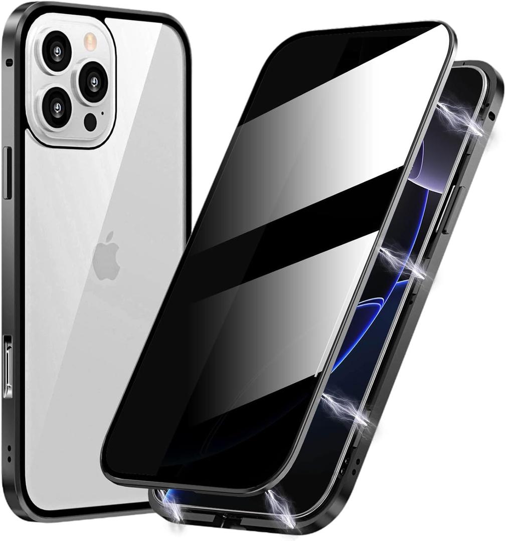 Magnetic Privacy Case for iPhone 16 Pro Max, Anti peep Magnetic Adsorption Double Side Tempered Glass Full Body Case Privacy Screen Protector Metal Titanium Frame Clear Back Phone Case Cover Black