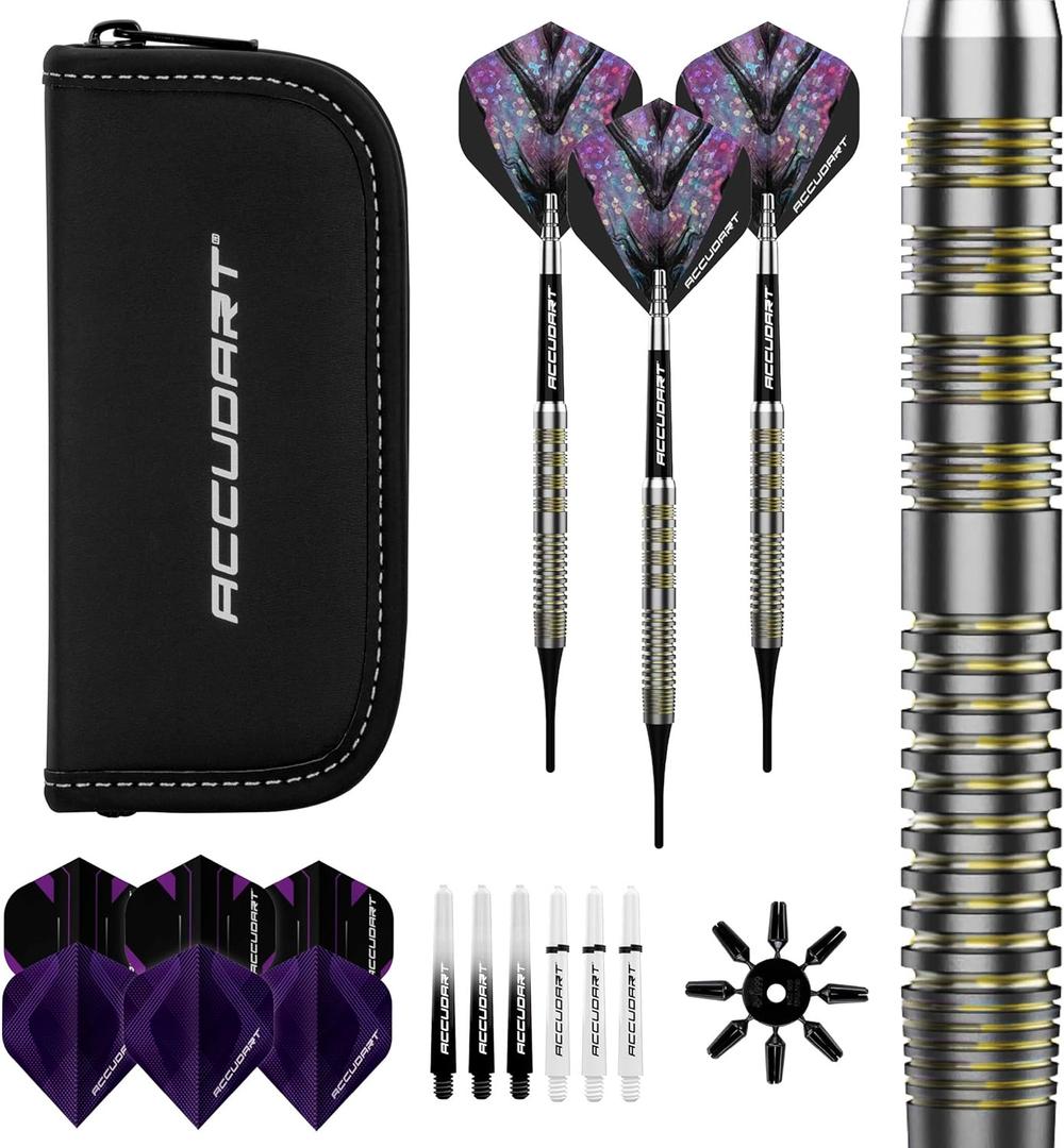Accudart Soft Tip 6.0 Dart Set - 80% Tungsten Barrel - Radial Grooves - Polycarbonate Shafts - Leather Case
