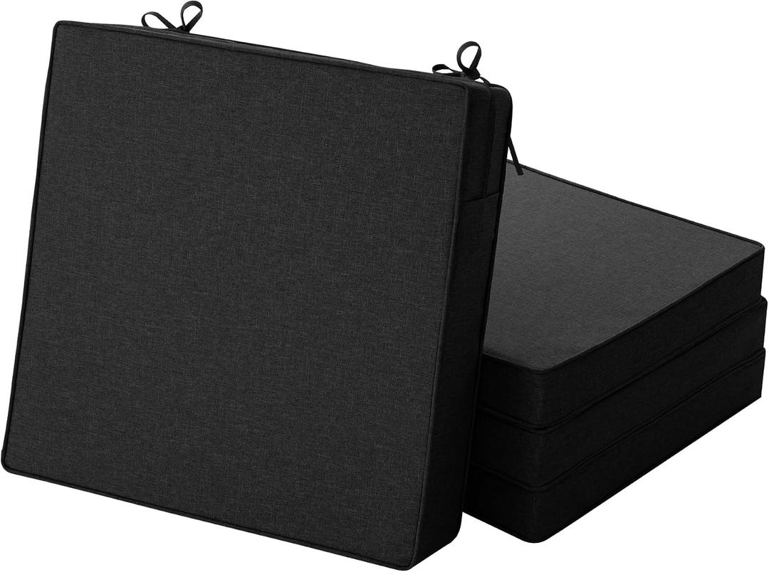 Outdoor Chair Cushions, Water-Resistant & Fade-Resistant, Patio Furniture Square Seat Replacement Chair Pads with Ties Zipper, Removable Cover, Non-Slip Bottom, Set of 4, 22 x 22 Inch, Black