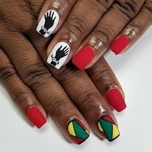 Black Slave Emancipation Day Press on Nails Short Fake Nails Image Design Short Square Peace and Love False Nail Frosted Red Full Cover Acrylic Artificial Nails Glue On Reusable Nails for Women 24Pcs