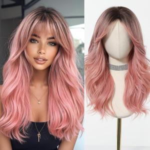Esmee Long Wave Ombre Pink Wig for Women with Curtain Bangs Natural Synthetic Hair Wigs for Daily Party Use