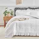 Tufted Dots Ruffle Comforter Set Full/Queen Size, 3 Pieces White Vintage Farmhouse Shabby Chic Comforters, Jacquard Boho Bohemian Bedding Set for All Season (1 Ruffled Comforter+ 2 Pillow Shams)