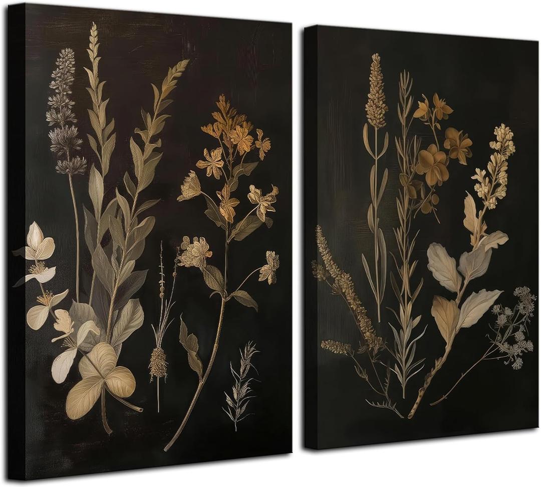 2Pcs Dark Botanical Canvas Wall Art Vintage Floral Wall Decor Pictures Dark Academia Moody Flowers Aesthetic Gallery Room Posters Prints for Bedroom Living room Decoration 16x24in