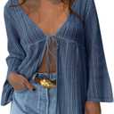 Saodimallsu Womens Summer Lightweight Tie Front Cardigans Crochet Knit Long Bell Sleeve Casual V Neck Beach Cover Ups (Large, Bluish Gray)