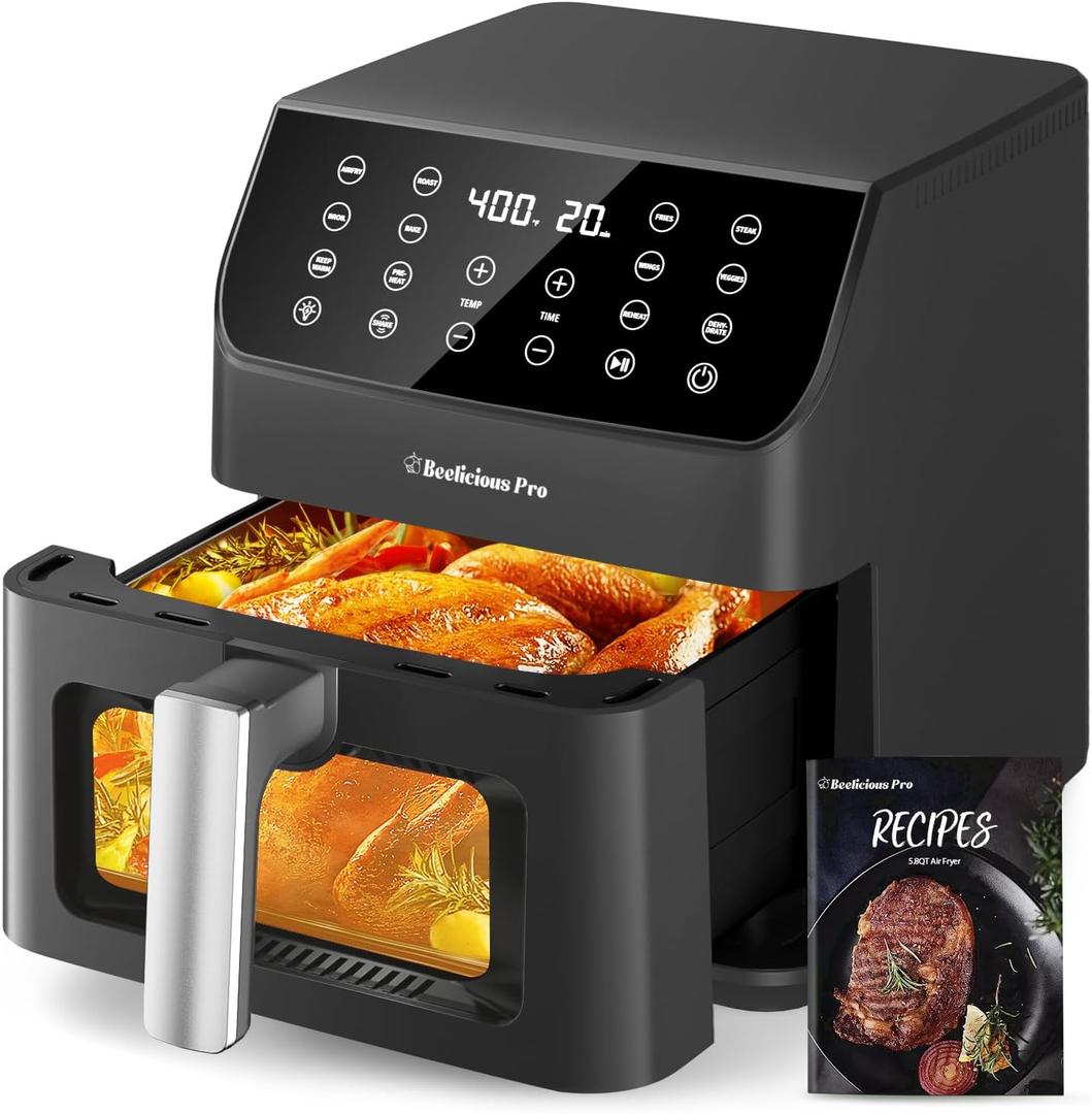 Beelicious 5.8QT Large Air Fryer, 12-in-1 Digital Airfryer with Window, 40+ Recipes, Flavor-Lock Tech, Dishwasher Safe,Shake Reminder, Compact, Quiet, Nonstick Air Fryers. Black