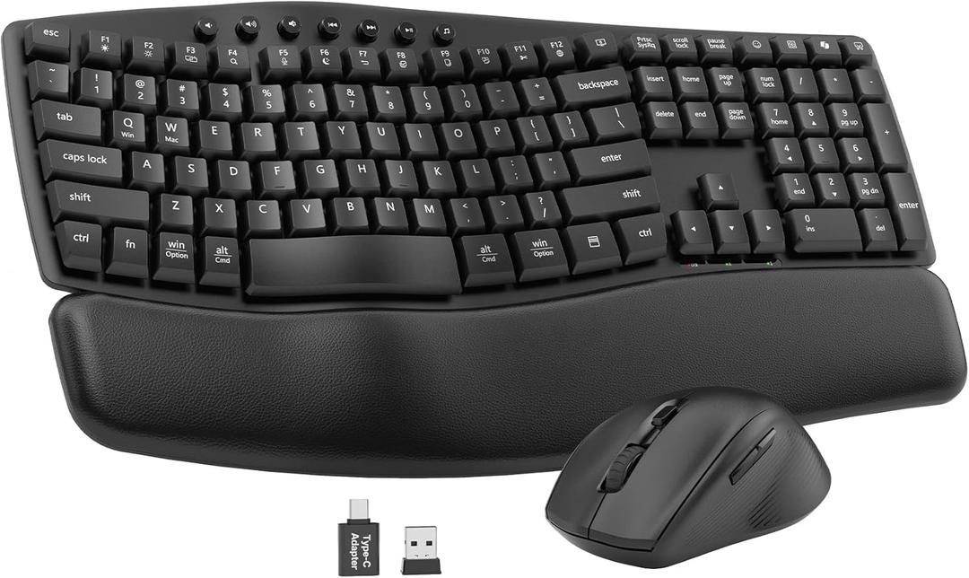 Ergonomic Wireless Keyboard and Mouse Combo, 30dB Quiet Full Size Keyboard Set with Wave Keys & Soft Palm Rest, Dual-System Switch for Windows/Mac, Ideal for Business Teams Home OfficeSablute (Black)