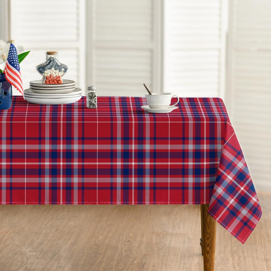 Horaldaily 4th of July Tablecloth 60104 Inch Rectangular, Buffalo Plaid Red Blue Independence Day Washable Seasonal Table Cover for Party Picnic Dinner Decor