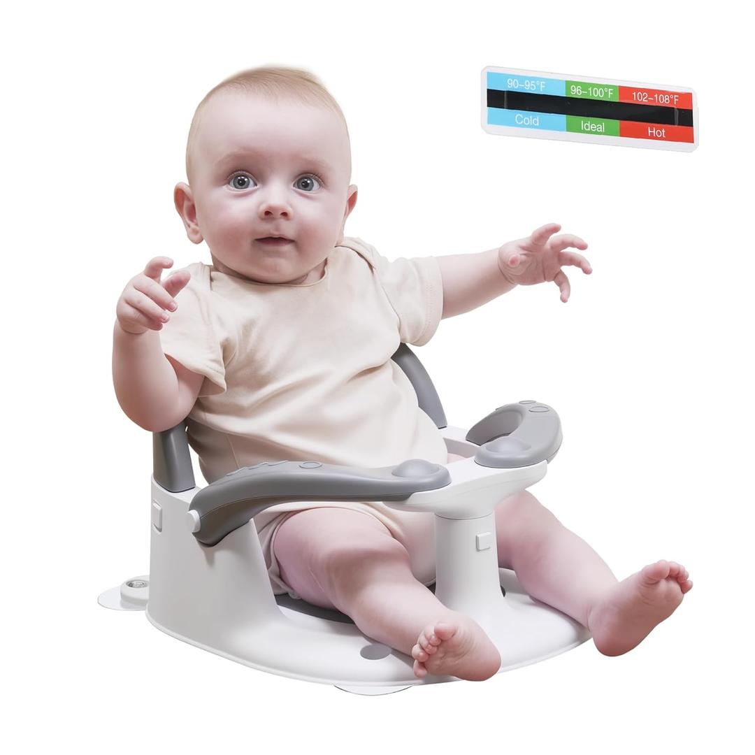 Baby Bath seat for Babies 6 Months & up, 360 Stable Toddler Bath Chair with one-Touch Button, Back Hollow Design, Water Temperature Card & 4 Suction Cups for Safety (Gray)