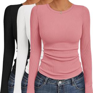Ekouaer Women's Long Sleeve Shirts 3 Packs Crew Neck Stretchy Fitted Tops Ribbed Base Layer Soft Thermal Undershirts Tee (Black / White / Rose Pink (3pcs)), Small