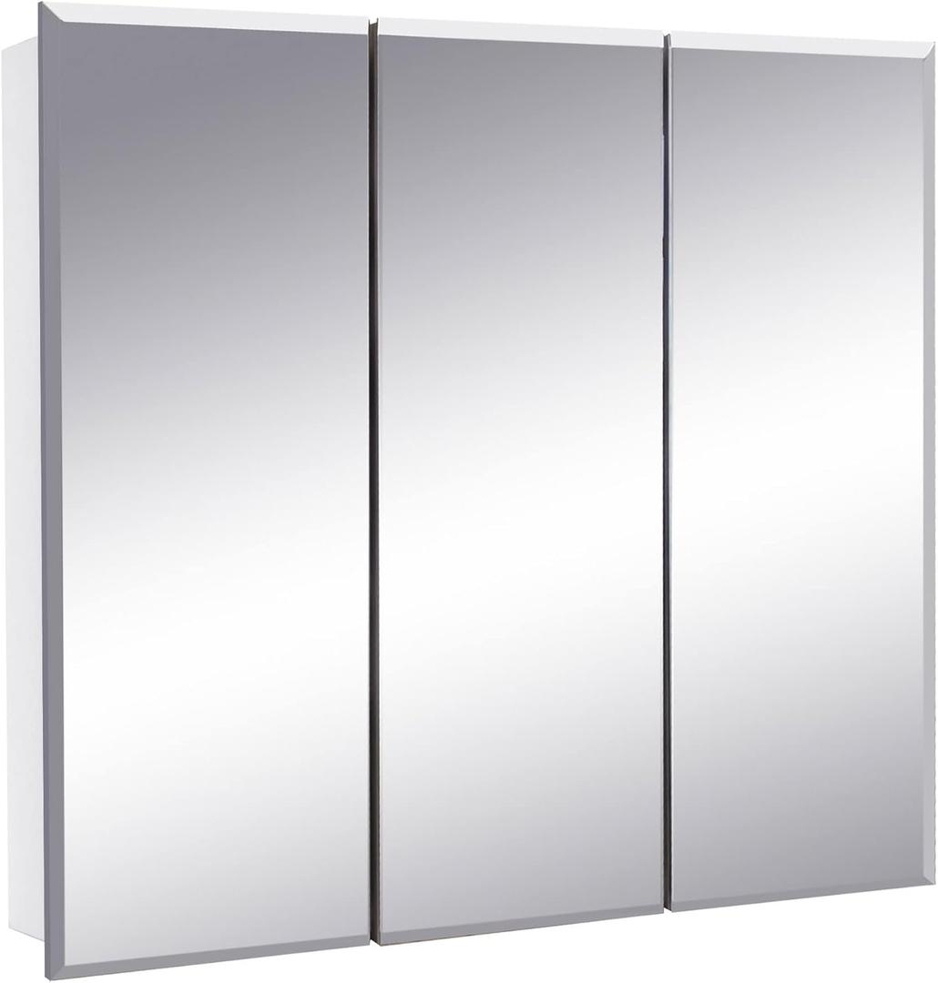 Design House Cyprus 30-in. Wide Medicine Cabinet, 3 Frameless Mirrored Doors, 2 Adjustable Shelves, Pre-Assembled, Surface or Recess Mounted, White, 30.0 in. W x 4.4 in. D x 30.0 in. H, 597492