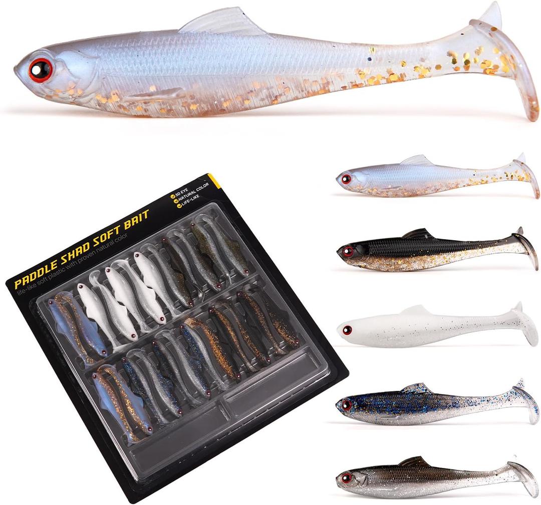 3/3.5/4 Inch Life-Like Shad Paddle Tail Swimbaits with 3D Red Eyes, 5 Natural Colors Soft Plastic Bass Fishing Lures, 4 in, 18pcs